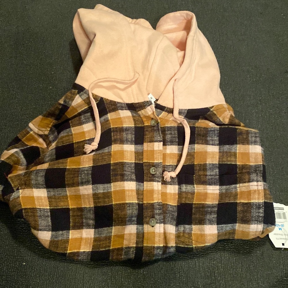 Plaid pink and brown hooded shirt